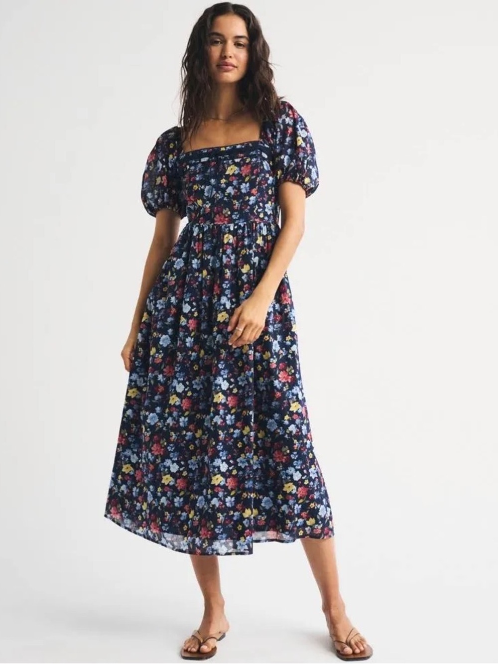 Abercrombie & Fitch Navy Floral Puff-Sleeve Midi Dress